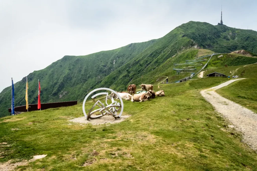 Monte Tamaro szczyt z kolejką krowami i atrakcajami