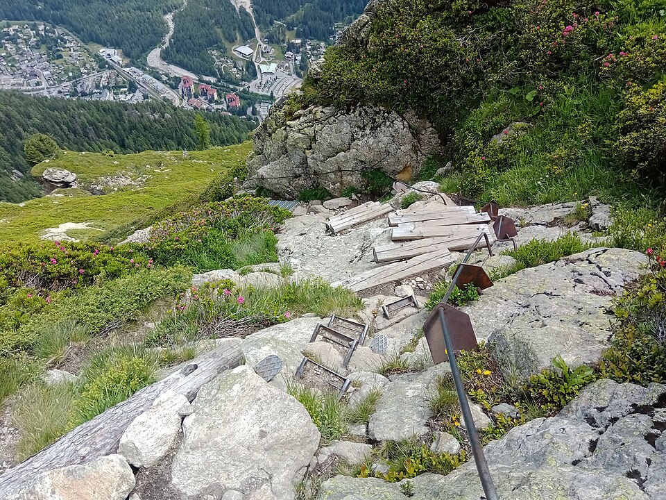 fragment trasy z drewnianymi schodami na tour du mont blanc
